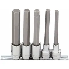 This 25-piece hex bit socket set features a 1/2 in drive size and tip sizes ranging from 8 mm to 17 mm. The fixed insert design ensures secure bit retention. Suitable for driving hex fasteners in assembly, maintenance, and repair tasks.
