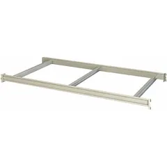 This open deck shelf kit includes two 14-gauge steel beams and supports up to 3,500 lb. The frame is powder-coated steel in light gray. Used for organizing heavy bulk items on industrial racking systems in warehouses and distribution centers.
