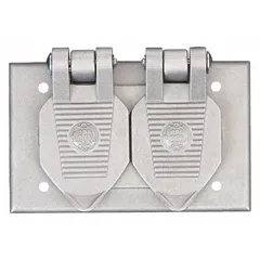Copper-free aluminum weatherproof cover for FCL series duplex receptacles. Gray finish, single gang, horizontal mounting. NEMA 3R rated for protection against rain and sleet. Suitable for outdoor or damp industrial locations such as factory walls, loading docks, and exterior enclosures.