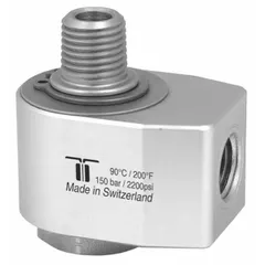 Nickel-plated C38500 brass rotary union with 1 passage for air. Features a 1/4 in rotating shaft and maximum speed of 30 RPM. Used in industrial machinery to transfer air from a stationary supply to a rotating component.