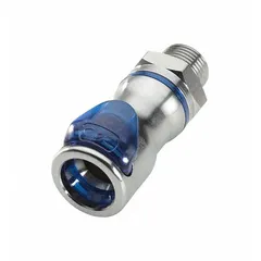 This chrome-plated brass quick-disconnect tube fitting features a Cool Blue finish and a 3/8 in pipe size. It connects via a Quick-Disconnect Coupler on one end and an NPT thread on the other, enabling rapid connection and disconnection of fluid lines in pneumatic, hydraulic, and cooling systems.