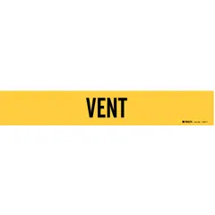 Adhesive pipe marker for identifying vent piping. Yellow background with black 'Vent' legend. Fits pipe outer diameters from 2-1/2 to 7-7/8 inches. Supplied without arrows. Suitable for use in industrial facilities to mark vent lines.