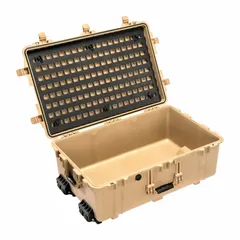 This hook-holding MOLLE lid organizer is designed for the PELICAN 1650 case. It features 144 openings for attaching pouches or tools via MOLLE webbing, and attaches securely with twist cam locks. Constructed of black plastic, it provides organized storage for transport or field use.