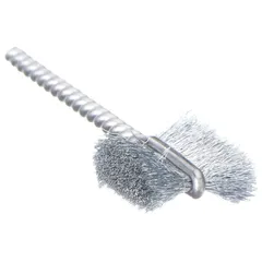 This WEILER brush is designed for cleaning internal threads in carbon steel components. It removes debris, rust, and scale from threaded holes and tubes. The brush has a 1/2 in diameter and 0.003 in fill diameter, with a single-stem carbon steel construction.