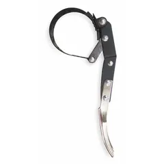 This oil filter strap wrench features an iron body and an alloy steel strap with a 1 1/16 in width. It is used for removing oil filters on engines and machinery, providing a secure grip for turning filters in tight spaces.