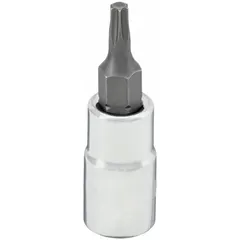 This Torx bit socket features a T15 tip size and a 1/4 in drive size, with a 1-1/2 in overall length. The fixed insert design provides secure engagement for driving Torx fasteners. Suitable for assembly, maintenance, and repair tasks in confined spaces.