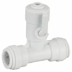 Manual three-way ball valve with acetal body and T flow pattern. Features push-fit connections on all three ports and a lever handle. Suitable for diverting or mixing fluid flow in water, air, and non-aggressive media systems.