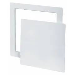 This latching access door is constructed of white ABS plastic with an exposed flange. It measures 14 inches in width and is designed for wall mounting. Suitable for providing access to equipment behind panels in industrial and commercial settings.