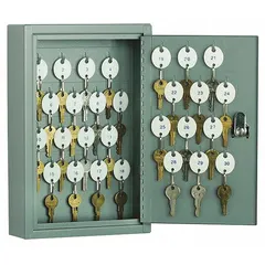 Steel key cabinet with gray enamel finish for wall mounting. Holds up to 30 keys. Includes key tags and mounting hardware. Dimensions: 12 1/4 in H x 8 in W x 2 5/8 in D. Used for organizing and securing keys in facilities, offices, or maintenance areas.