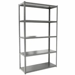 This extra-heavy-duty bolted standalone open metal shelving unit from HALLOWELL features a steel frame and steel shelves. It measures 48 inches by 18 inches with an overall height of 84 inches and includes five shelves. The unit is unassembled and finished in gray. Suitable for industrial storage in warehouses, factories, and distribution centers, it stores bulk parts, tools, and equipment requiring high load capacity.