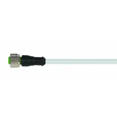 Single-ended cordset with a gray PUR jacket for twisting applications. Features an M12 female straight connector on one end and bare wire on the other, with 5 pins, 22 AWG wire size, and 1 m cable length. Rated IP66K, supports a maximum current of 4 A. Suitable for connecting sensors or actuators in industrial automation, particularly in environments requiring resistance to oils and abrasion.