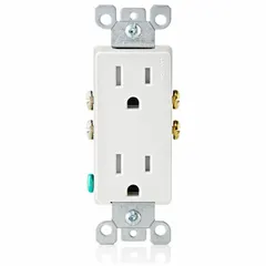 Duplex general-purpose receptacle rated 125V AC, 15A with NEMA 5-15 configuration. White thermoplastic face, 2-pole/3-wire grounding design for standard power distribution in dry indoor locations.