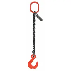 This Grade-100 single-leg chain sling is constructed from alloy steel and features a sling hook for attachment. It is used for overhead lifting and rigging in industrial settings such as construction, manufacturing, and warehousing. The chain trade size is 9/32 in.