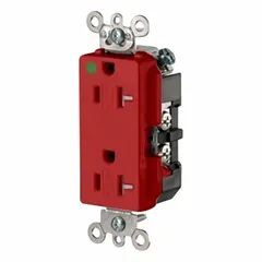 Duplex general purpose receptacle with NEMA 5-20R configuration. Rated 125V AC, 20 A, 2-pole/3-wire. Red housing. Suitable for use in commercial and institutional settings where a 20A, 125V outlet is required.