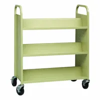 This double-sided book truck from HIRSH is designed for transporting and organizing books, files, or media in libraries, schools, and offices. It features a steel construction with a tan finish and four lockable casters for stability and secure mobility. Overall dimensions: 38 in width, 18 in depth