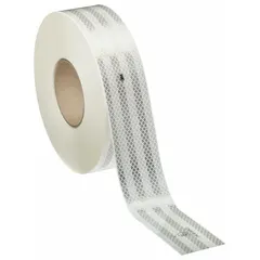 White reflective tape with acrylic adhesive, 2 inches wide by 50 yards long. Designed for use on agriculture vehicles to enhance visibility in low-light conditions. Suitable for tractors, trailers, and other farm equipment.