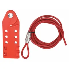 This squeeze-handle cable lockout includes a 10 ft steel cable with a red plastic finish and a polypropylene body. It is used to isolate energy sources by wrapping the cable around multiple disconnect switches or valve handles, securing them in the off position during lockout/tagout procedures.