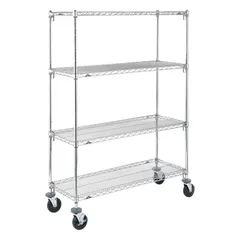 Mobile wire shelving unit with four shelves, chrome finish, and round steel posts. Features two swivel casters with rubber tread for easy movement. Designed for dry environments, suitable for organizing supplies and equipment in commercial or industrial settings.