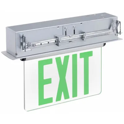 OEM Exit Sign: 1 Faces, Green, Aluminum, Universal Field Selectable Chevrons - Recess-Mount Edge-Lit Exit Signs