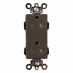 This duplex receptacle is rated 125V AC and 20 A with a NEMA 5-20R configuration (2-pole, 3-wire). It is used in standard outlets requiring a T-slot neutral blade for general-purpose power distribution in residential, commercial, and industrial settings.