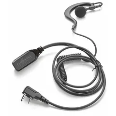 This earpiece is designed for use with Kenwood TK-2207 series radios. It features a two-pin connector, push-to-talk button, ear hook, and shirt/lapel microphone. The single-wire design is finished in black.