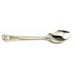 This stainless steel serving spoon from CRESTWARE features an 11-inch overall length and a silver finish. It is suitable for basting and serving tasks in commercial or home kitchens, providing reach for deep pots. The spoon is not NSF certified.