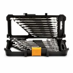 This set includes SAE and metric combination wrenches with a full polish chrome finish on alloy steel. The 12-point box end provides secure engagement on hex fasteners. Suitable for tightening and loosening fasteners in automotive repair, industrial maintenance, and mechanical assembly.