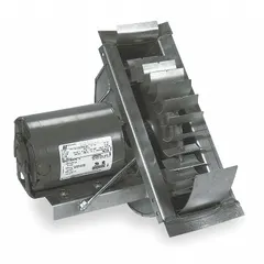 Pipe-mount exhaust draft inducer for natural gas water heaters. Operates on 115V AC at 60 Hz with 5.4 A current draw. Includes fastening band for mounting to vent pipes from 9 to 18 inches in diameter. Helps ensure proper draft for safe combustion.
