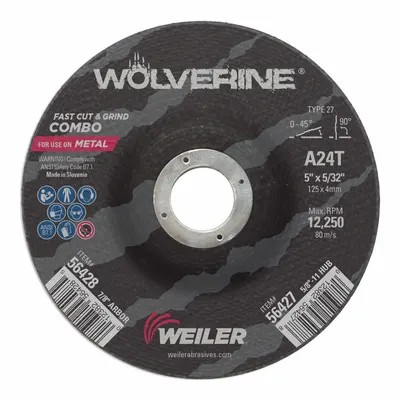 WEILER Abrasive Grinding Wheel: Type 27, 5" x 1/8" x 7/8", Aluminum Oxide, 24 Grit - General Purpose Combination Wheels for Carbon & Stainless Steel