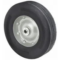 This rubber semi-pneumatic wheel has a 10 in diameter, 2-1/2 in width, and 2-3/4 in hub length. The tire sidewall number is 10x2.75. Suitable for light-duty industrial carts, hand trucks, and equipment requiring shock absorption and floor protection