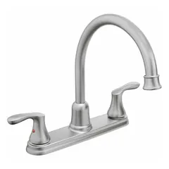 Metal centerset kitchen faucet with widespread deck-mount design. Requires 4 mounting holes and features 2 handles for separate hot and cold water control. Suitable for kitchen sinks in residential or commercial settings.