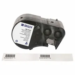 Thermal transfer precut label roll cartridge for BMP51 printer. Rectangle labels, 1 in x 2 5/8 in, made of cryogenic autoclavable polyester. Accommodates vial/tube sizes from 1.0 to 8.0 mL. Used for labeling samples in cryogenic storage and autoclave sterilization processes.