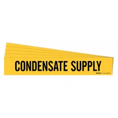 Adhesive pipe marker for identifying condensate supply lines in industrial piping systems. Yellow background with black legend text. Fits pipes with outer diameter of 8 inches and larger. Pack of 5 markers without arrows.