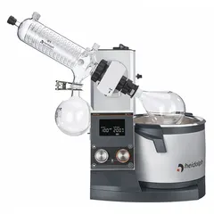 Motorized lift rotary evaporator with 5 L capacity, speed range 10-280 RPM, and 1300 W heating capacity. Includes G1 diagonal condenser and lock function to prevent accidental value changes. Does not include vacuum controller or vapor temperature sensor. Used for solvent removal in laboratory applications.