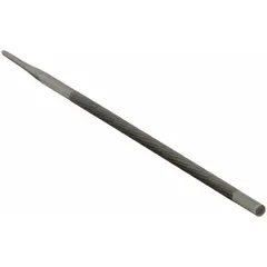 This round chain-saw file is 8 inches long with a 3/8-inch diameter and 49_50 teeth per inch. It is used for sharpening the cutting edges of chainsaw chains. The file's round shape matches the contour of chainsaw teeth for effective material removal.