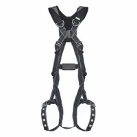 This MSA arc-flash rated vest-style harness is designed for general fall arrest applications. It features a quick-connect/tongue buckle, back attachment, friction adjusters, and padding. The harness has a 400 lb weight capacity and includes heat-resistant black nylon over-molded steel hardware. Suitable for environments requiring arc-flash protection