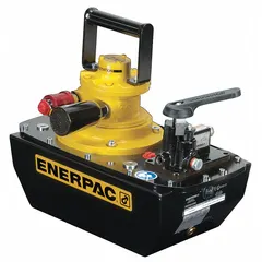 This high-flow air-operated hydraulic pump unit delivers up to 10,000 psi operating pressure and features a 1,155 cu in reservoir capacity. It is controlled via a pendant and includes a 3-way valve function with retract operation mode. Typical applications include powering hydraulic cylinders and tools for lifting, pressing, and clamping tasks in industrial maintenance, construction, and manufacturing.