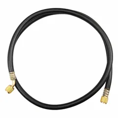 Single charging hose for HVAC and refrigeration systems, used to connect gauges or manifolds to service ports. Features a 5 ft length and 45° angled fitting for improved access in tight spaces. Black rubber construction offers flexibility for refrigerant charging and pressure testing.
