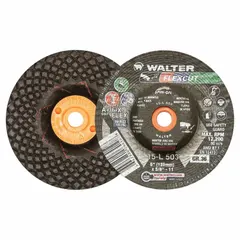 General-purpose grinding wheel for carbon and stainless steel. Type 29 depressed center design with 36 grit. Dimensions: 5" diameter, 1/4" thickness, 5/8"-11 arbor. Suitable for weld preparation, surface blending, and edge chamfering in metal fabrication and maintenance.