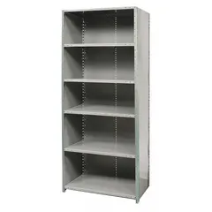 This medium-duty standalone closed metal shelving unit is constructed of steel with a gray finish. It measures 48 inches wide by 12 inches deep with an overall height of 84 inches and includes six shelves. The unit is unassembled and suitable for organizing tools, parts, and inventory in warehouses, factories, and commercial facilities.
