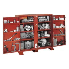 This jobsite cabinet provides 47.5 cu ft of storage capacity for tools and equipment. It measures 60 3/4 in wide by 24 1/4 in deep by 60 1/4 in high and features a padlock hasp for user-supplied locking. The brown finish offers corrosion resistance in demanding environments. Suitable for construction sites, workshops, and industrial facilities.