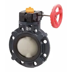 This 12-inch PVC butterfly valve features a concentric wafer design with a gear-operated handwheel handle. The polypropylene disc and EPDM seals provide corrosion resistance for general fluid control applications. Rated for a maximum pressure of 100 psi (CWP).