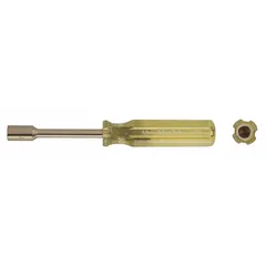Non-sparking nut driver with a solid round shank and straight design. Metric tip size of 17 mm, without magnetized tip. Suitable for tightening or loosening nuts in hazardous environments where non-sparking tools are required.