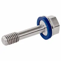 Partially threaded M6 hex head screw in Grade 316L stainless steel with an 8 mm minimum thread length. Includes an FDA-approved pre-mounted sealing washer for hygienic applications requiring a clean, leak-proof seal