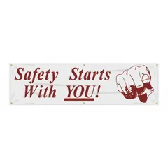 Indoor/outdoor safety banner made of poly sheeting with one printed side. Nominal sign size is 28 in x 96 in. No wind slits. Used for safety messaging in industrial facilities, warehouses, and construction sites.