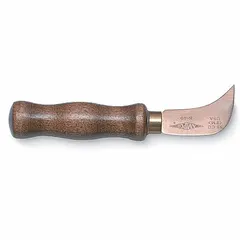 Flooring knife with a 4 1/2 in blade projection and 7 1/2 in overall length. Features a curved blade made of copper nickel and a wood handle. Used for cutting and trimming sheet flooring materials such as linoleum and vinyl.