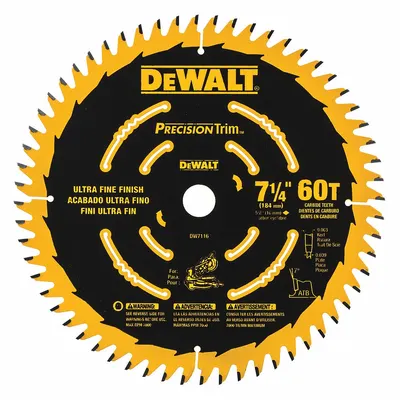 DEWALT Circular Saw Blade: 7 1/4 in Blade Dia., 60 Teeth, 0.06 in Cut Wd, 5/8 in Arbor Size - Wood-Cutting Blades