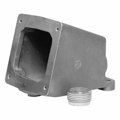 Aluminum back box for housing pin and sleeve devices. Rated for 20 A to 30 A. Features a 1.5-inch dead end hub with 15° orientation. Suitable for industrial enclosures requiring secure mounting of electrical connectors.
