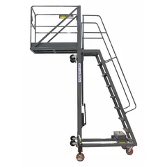 Unassembled steel cantilever ladder with gray finish. Features locking casters and serrated steps for secure positioning. Designed for elevated access to tanks, vessels, and industrial equipment.