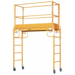 Fixed-height steel scaffold platform for elevated work access. Supports up to two stackable units. Platform dimensions 72 in x 29 in with 1,000 lb load capacity. Suitable for construction, maintenance, and industrial applications.